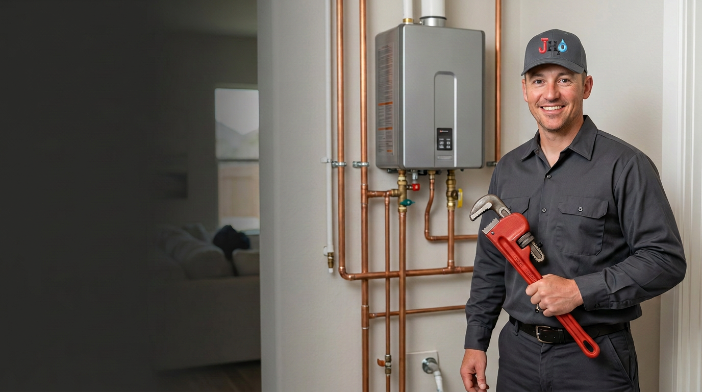 Joshua Haley holding a pipe wrench beside a modern tankless water heater
